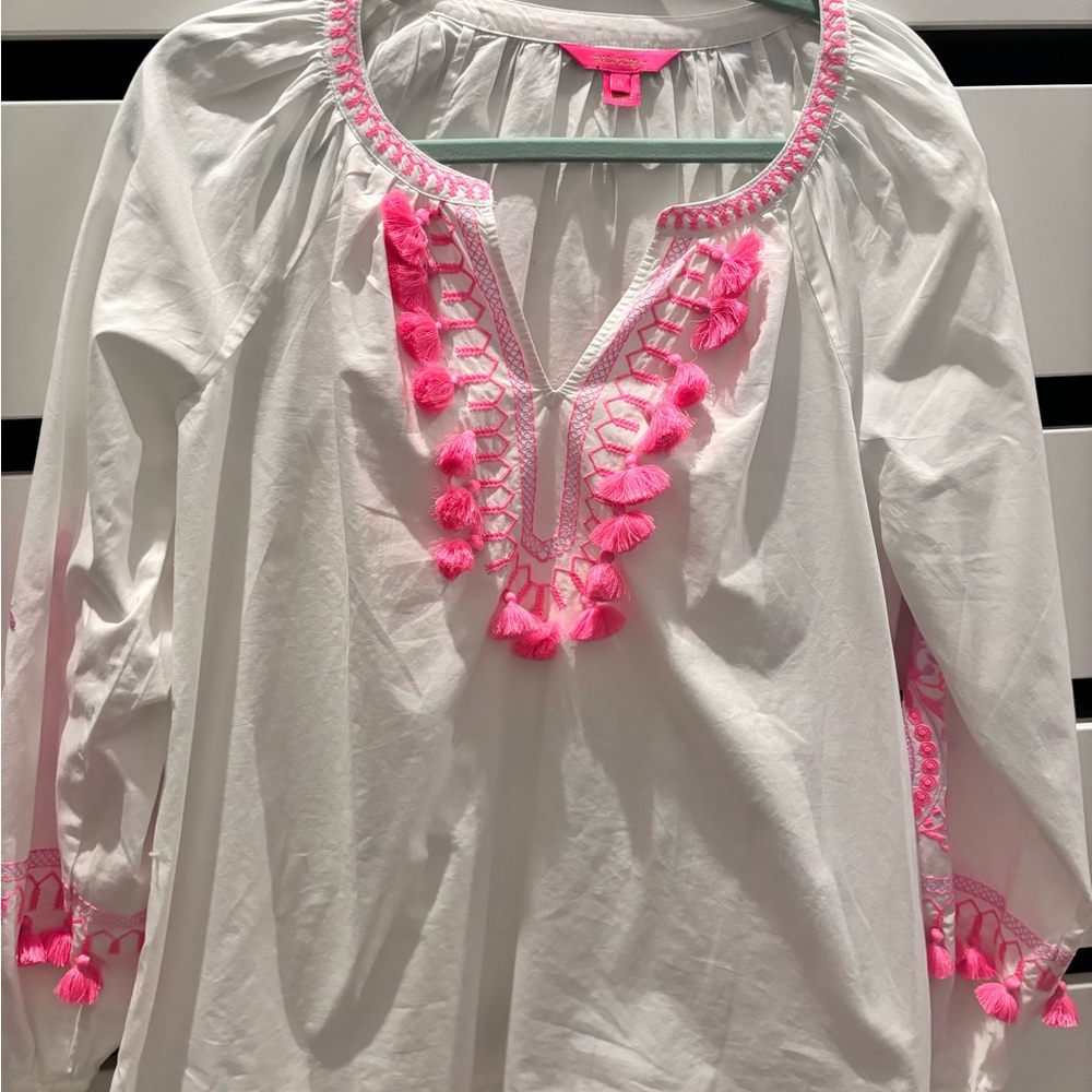 Lilly Pulitzer White Blouse with Pink Accents